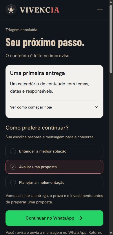 Tela real da triagem da Vivência: orientação inicial e opções para continuar a conversa.